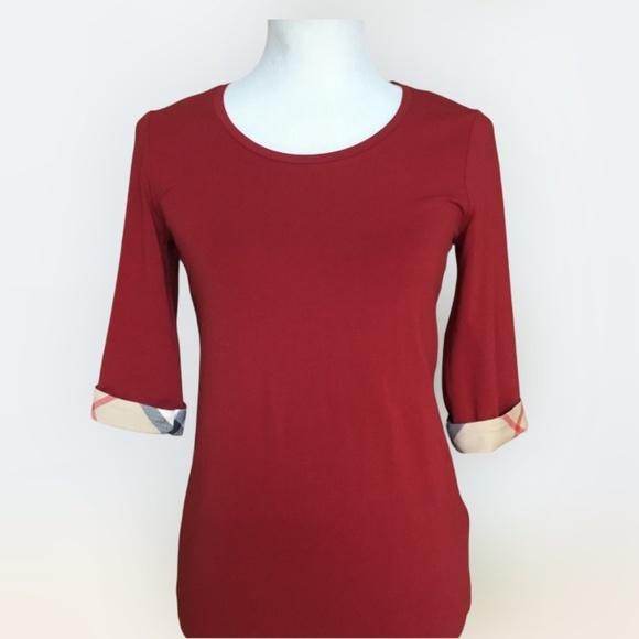 Burberry Brit Scoop Neck Tee With Check Cuffs - Picture 3 of 16